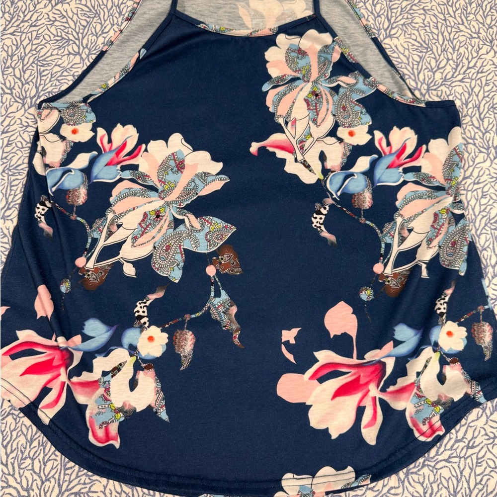Navy Floral Halter Tank Top with Pink Accents
